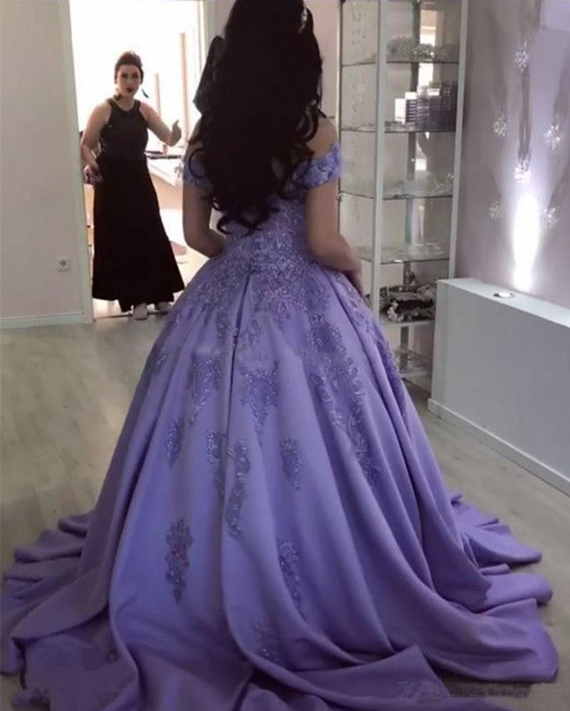 Lavender Ball Gown Off the Shoulder Lace Appliques Prom Dress OKJ66