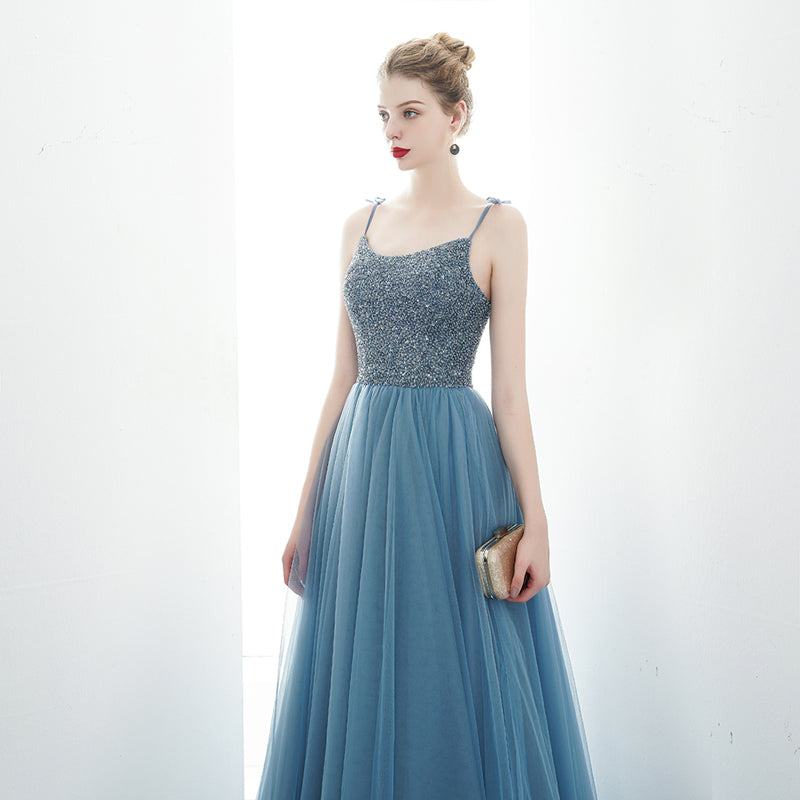 A-line Spaghetti Straps Blue Lace Up Back Beading Tulle Long Prom Dress OKR84