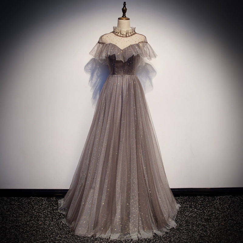 A Line High Neck Tulle Short Sleeves Prom Dress Long Evening Party Dress OKQ73