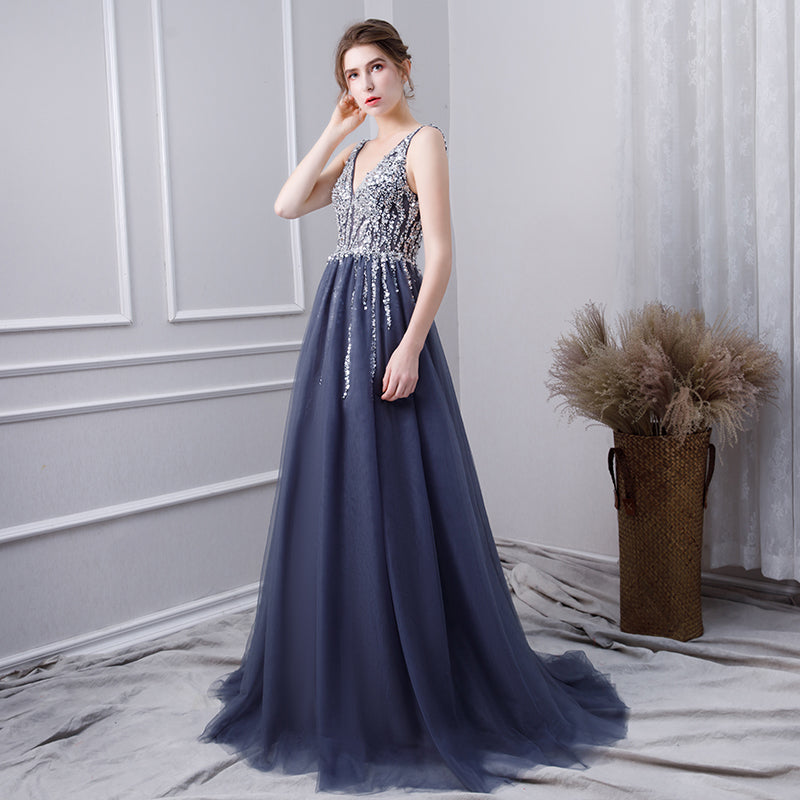 A Line V Neck Tulle Navy Blue Long Prom Dress With Beading OKL29