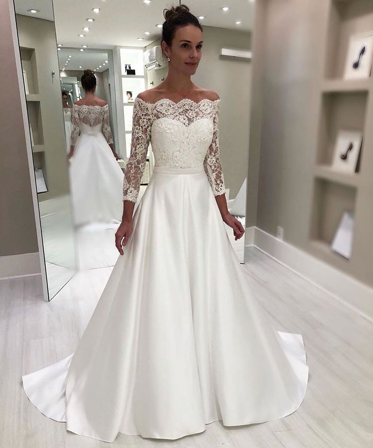 Elegant A-line Sweetheart 3/4 Sleeves White Floor Length Prom/Wedding Dress With Lace Top OK101