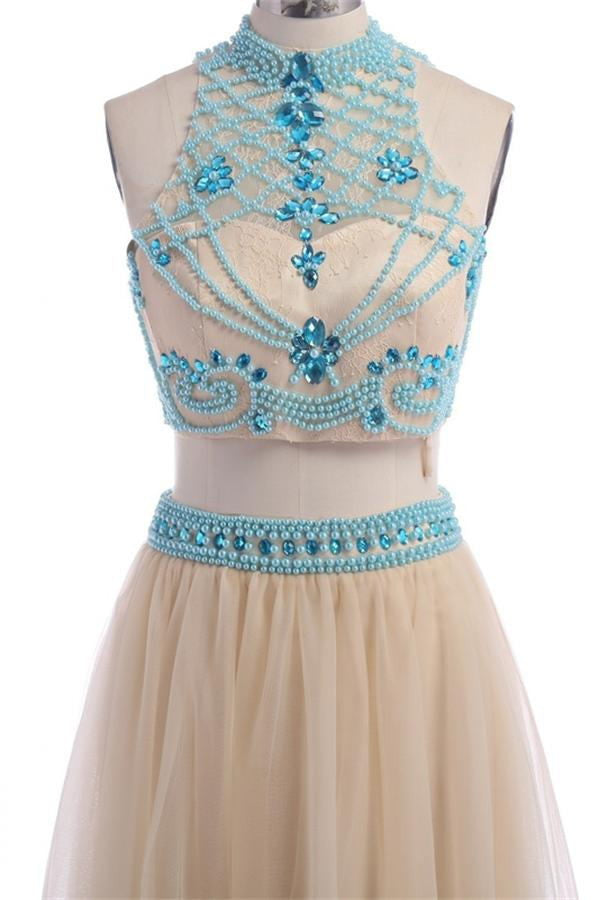 Two Pieces Halter Backless Beautiful Long Prom Dress K40