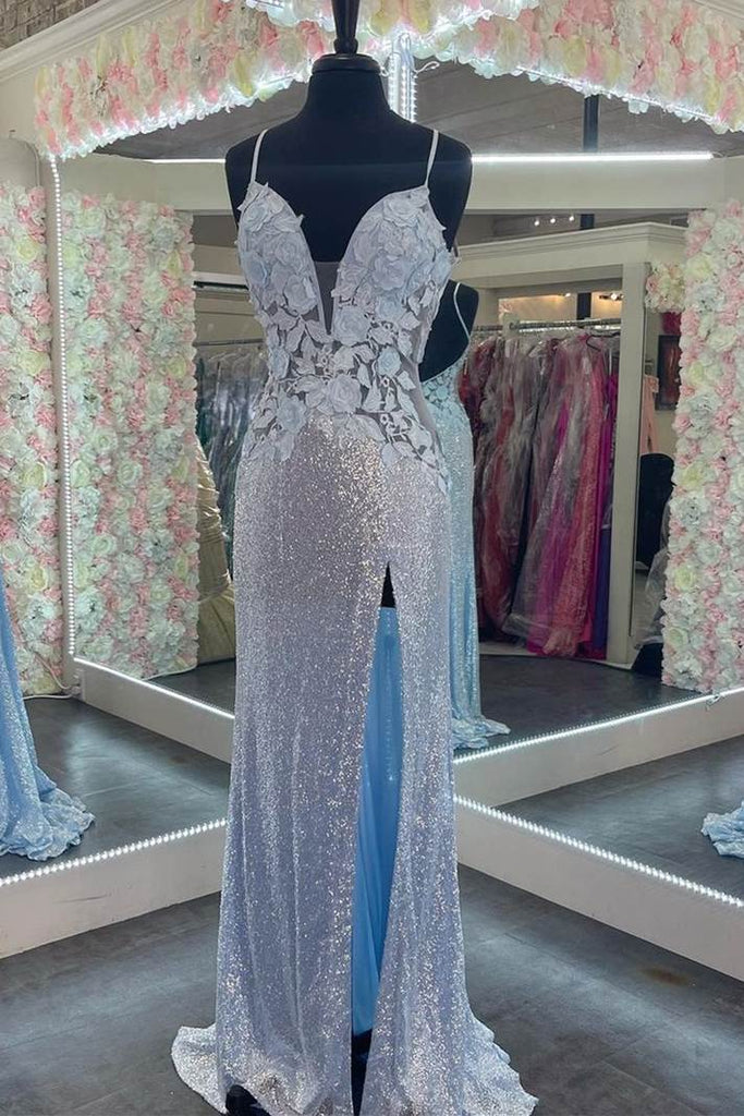 Straps Light Blue Sequins Appliques Long Prom Dress Elegant Sheath Evening Dress OK1397