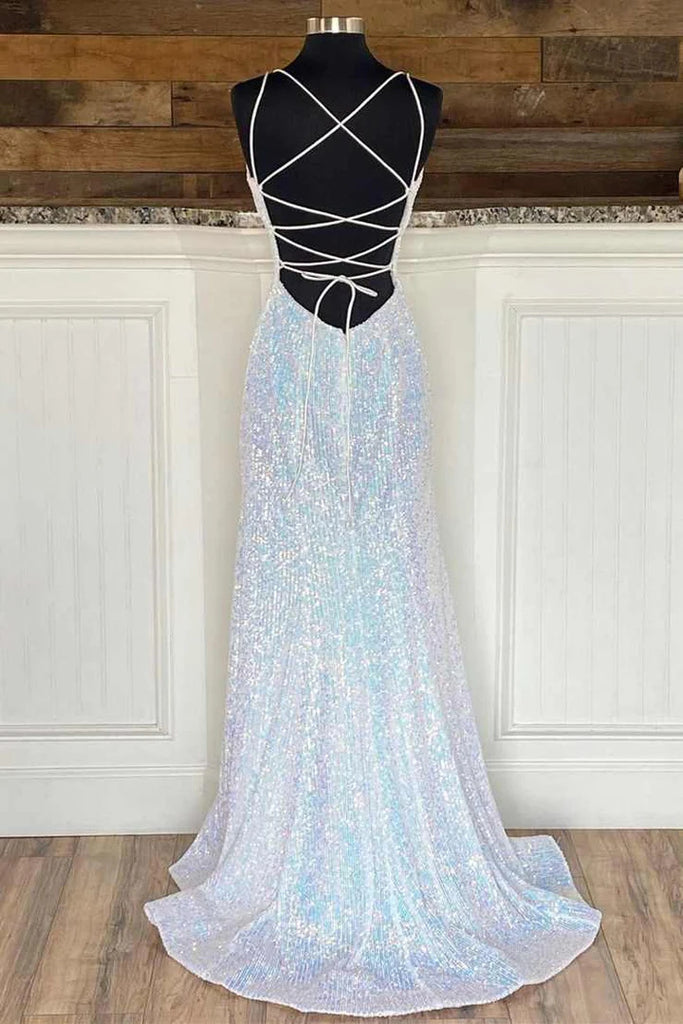 Silver Sequin V-Neck Empire Mermaid Long Prom Dress Evening Dresses OK2027