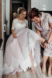 A Line Pink Tulle Lace Backless Half Sleeves Lace Up Wedding Dresses, Bridal Gown OK1881