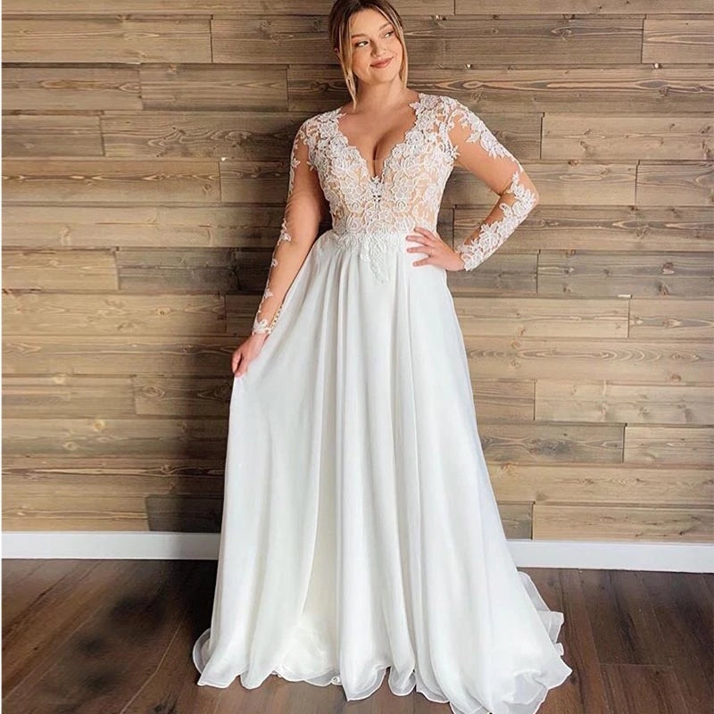 Long Sleeves Chiffon Sheer Lace Applique V-neck Plus Size Wedding Dress OKV31