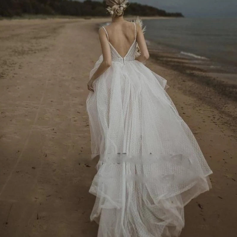 Princess Bohemian Rustic Bridal Gown Sleeveless Spaghetti Strap Beach Wedding Dress For Women OKZ30