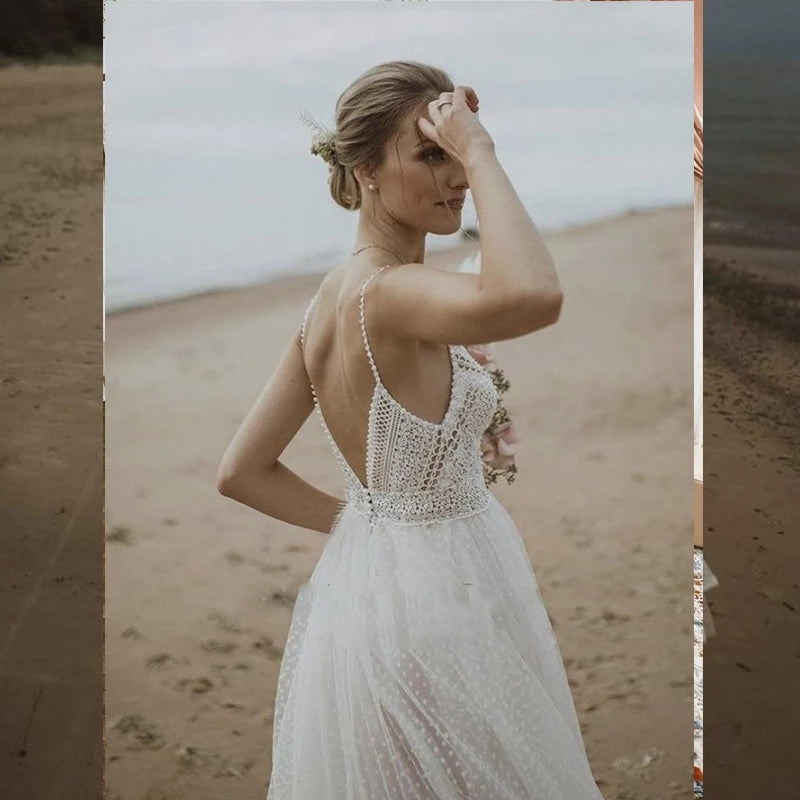 Princess Bohemian Rustic Bridal Gown Sleeveless Spaghetti Strap Beach Wedding Dress For Women OKZ30