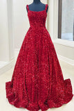 A line Red Square Neck Sequin Long Prom Dresses, Formal Evening Dresses OK2003