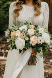 Charming Lace Top Scoop Long Sleeves Wedding Dress A-line Chiffon Bridal Gowns OKY35
