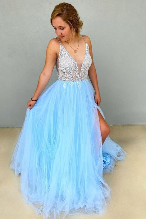 A Line V Neck Sky Blue Tulle Beading Long Prom Dress With Slit OK1263
