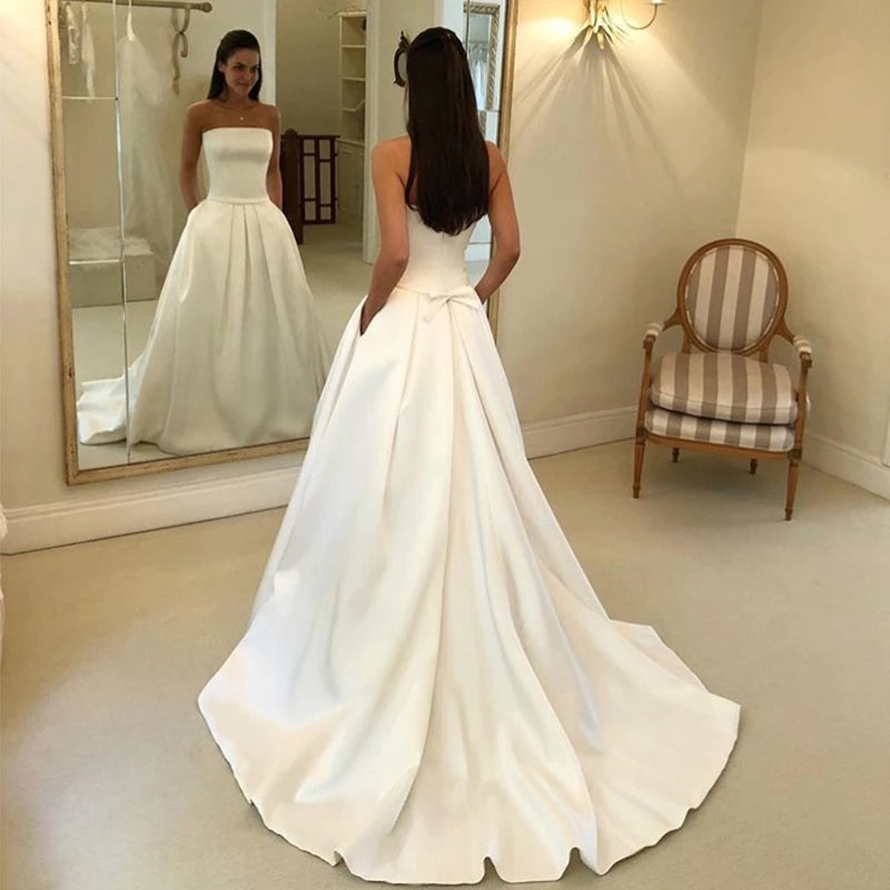 A-line Ivory Strapless Wedding Dress Satin Draped Bridal Dress With Pockets OKX5