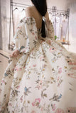 Stylish Long Sleeves Printed Long Prom Dress with High Slit, Long Formal Evening Dress OK1995