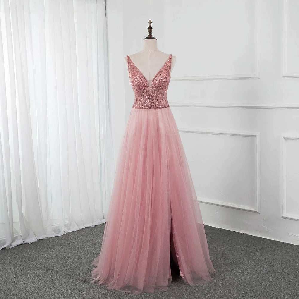 Pink Split Long Prom Dress Beading Sequined Tulle V Neck Sleeveless Party Gown OKW73