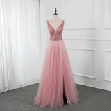 Pink Split Long Prom Dress Beading Sequined Tulle V Neck Sleeveless Party Gown OKW73