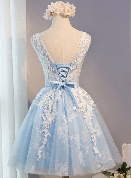 A-Line Lace Appliques Round Neck Sky Blue Short Homecoming Dresses OKD7