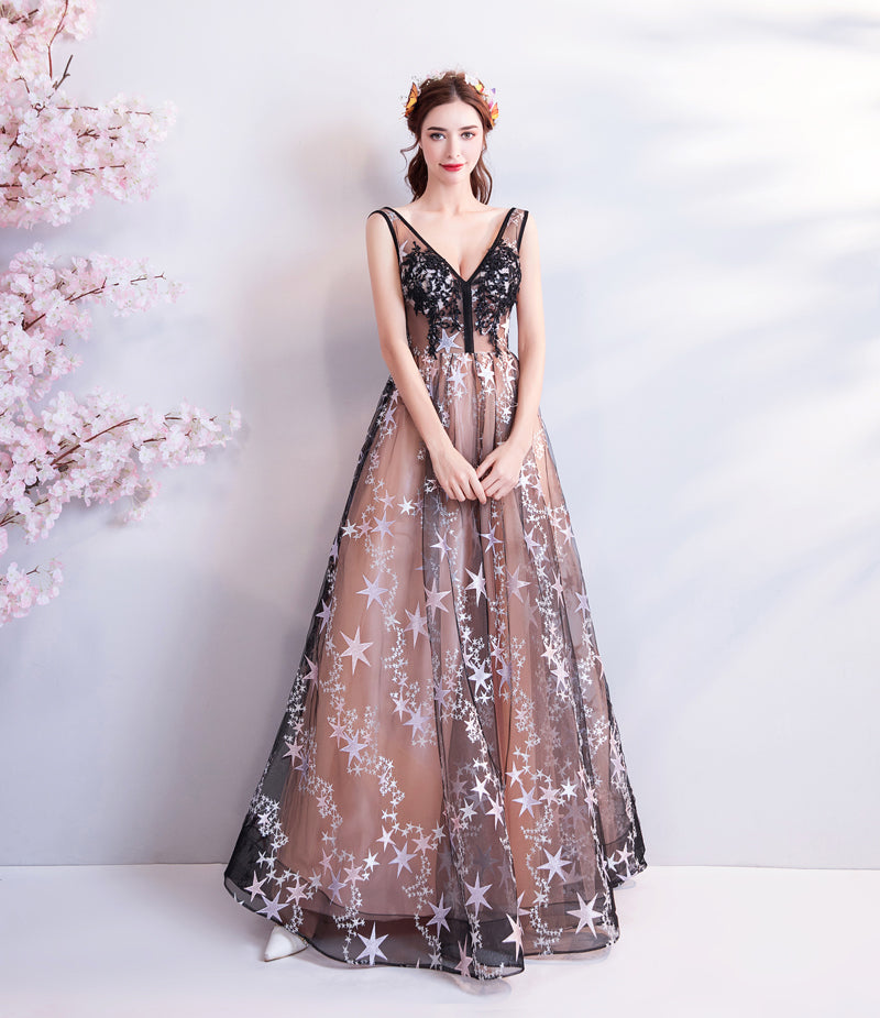 A Line V Neck Appliques Long Prom Dresses With Stars Evening Dresses OKQ71