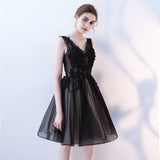 A Line V Neck Black Homecoming Dress, Short Tulle Appliques Prom Dress OKN63