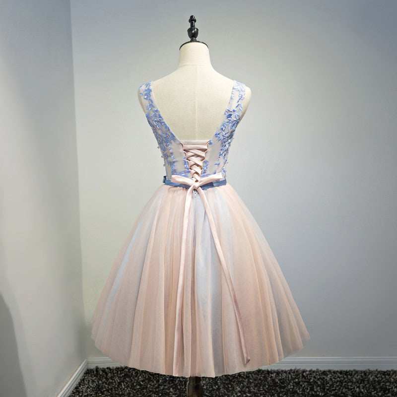 A-Line Lace Top Belt V Neck Short Homecoming Dresses OKD8
