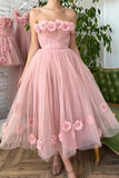 A Line Tea Length Pink Floral Prom Dresses, Formal School Party Dresses OK1992