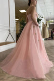 Pink A-line Prom Dress With Stars Princess Bustier Corset Evening Dress With Pocket OKV70