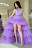 A Line Tulle V Neck Purple High Low Prom Dresses, Formal Party Dresses OK1987