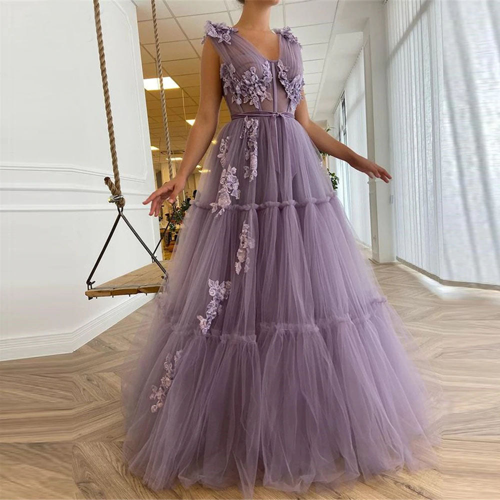 Elegant Tulle A-line Long Prom Dress Sheer V Neck 3D Flowers Evening Gowns OKV54