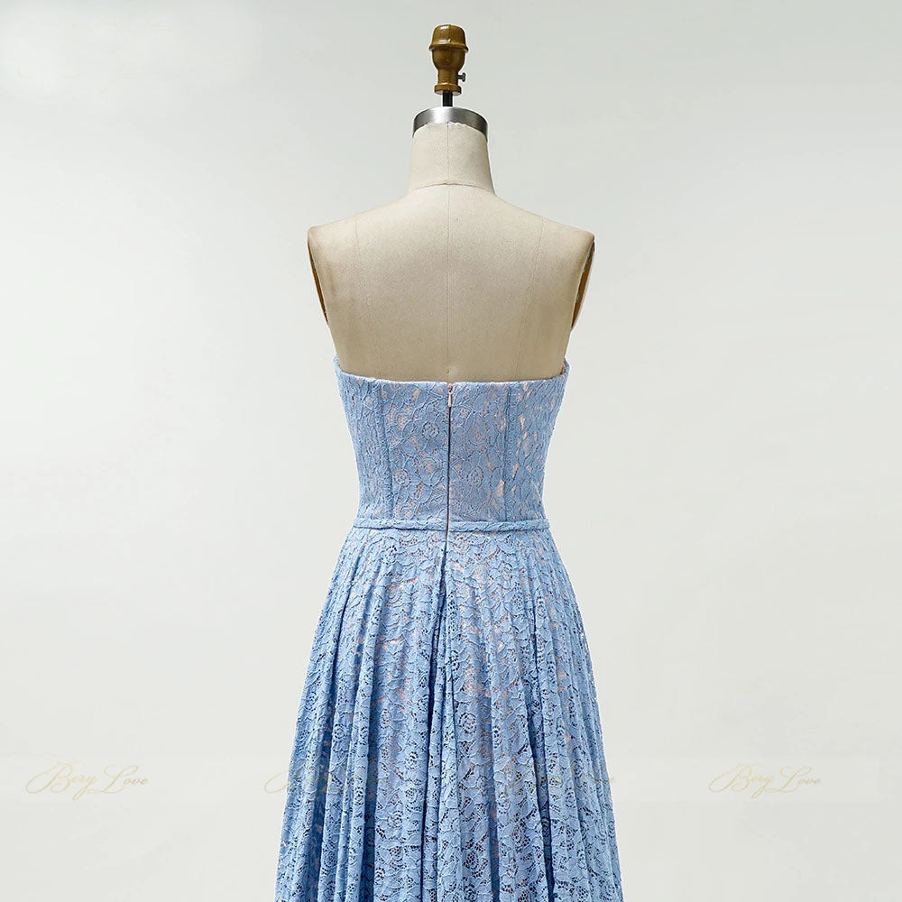 Blue Long Evening Dress Lace Bodice Formal Dress Sweetheart Neck A-line Prom Dress OKW45