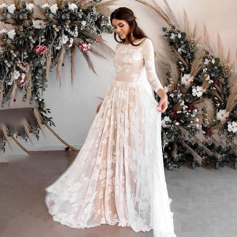 Vintage Lace A-line 3/4 Sleeves Wedding Dress Elegant Backless Boho Bridal Dress OKW13
