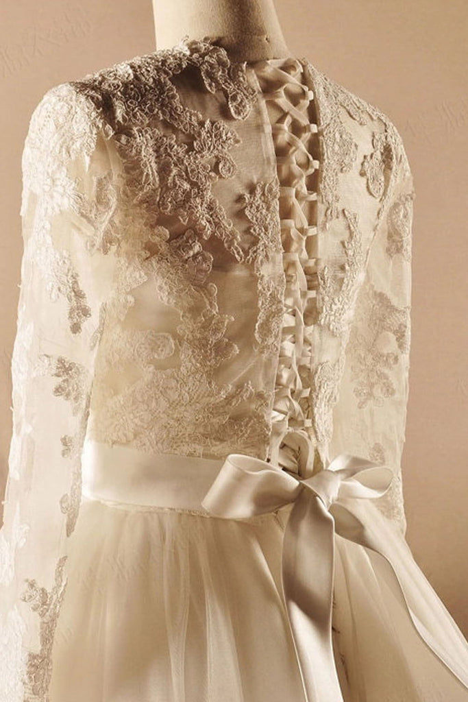 Modest Long Sleeves Ball Gown Big Lace Wedding Dress W1