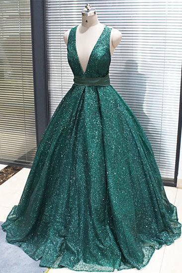 A-line V neck Dark Green Sequined Long Prom Dress OKS18