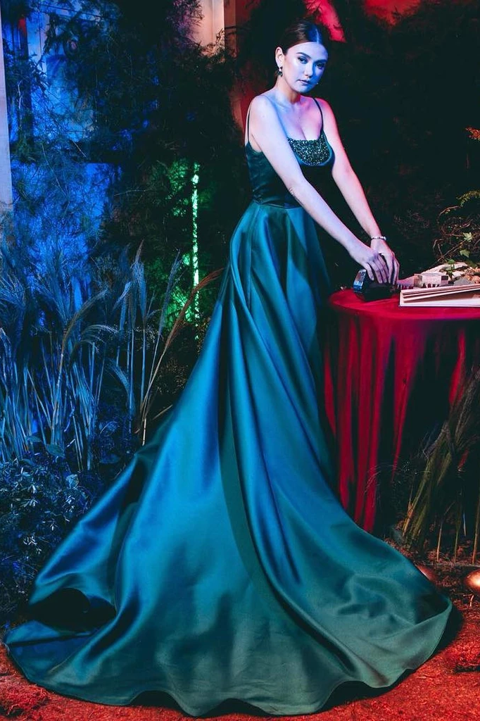 A-line Spaghetti Straps Dark Green Long Prom Dress Evening Dress OKS21