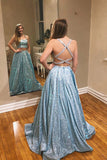 A-line Two Pieces Spaghetti Straps Sparkly Long Prom Dress Evening Dress OKT3