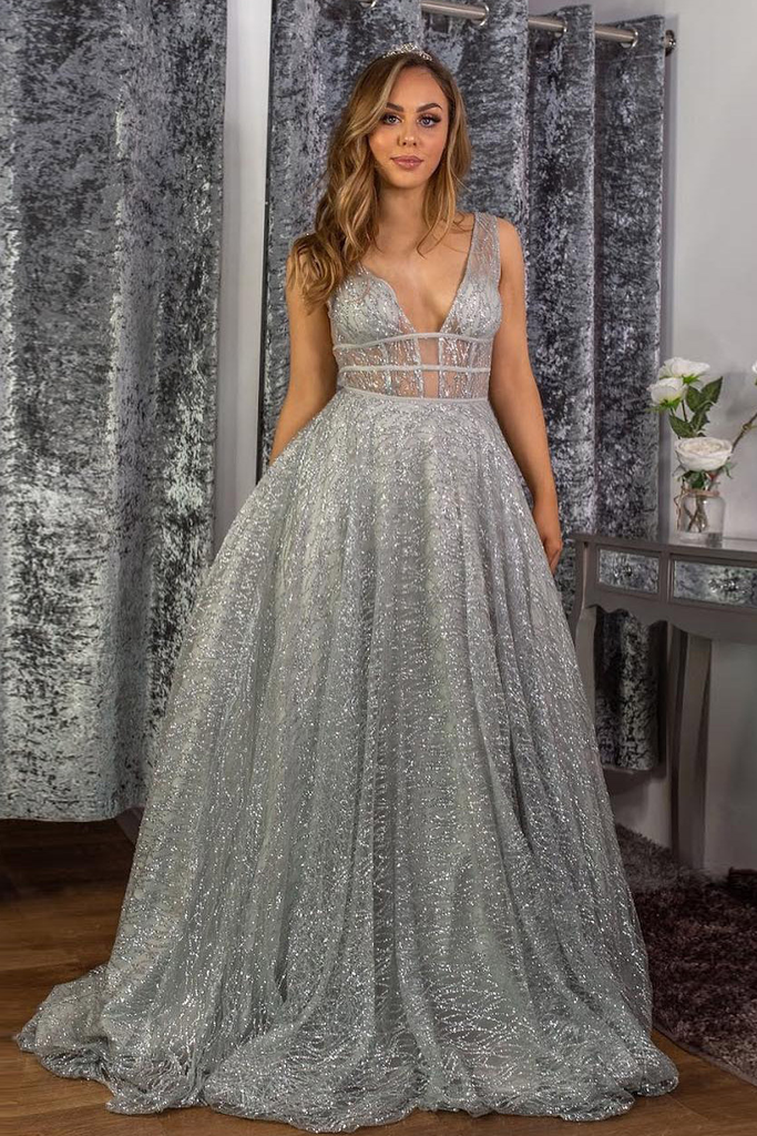 Stunning A-line V neck Sparkly Tulle Evening Dress Silver Prom Dress OKS16