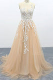 A Line Tulle Lace Appliques Sweep Train Evening Dress Senior Prom Dress OKS1