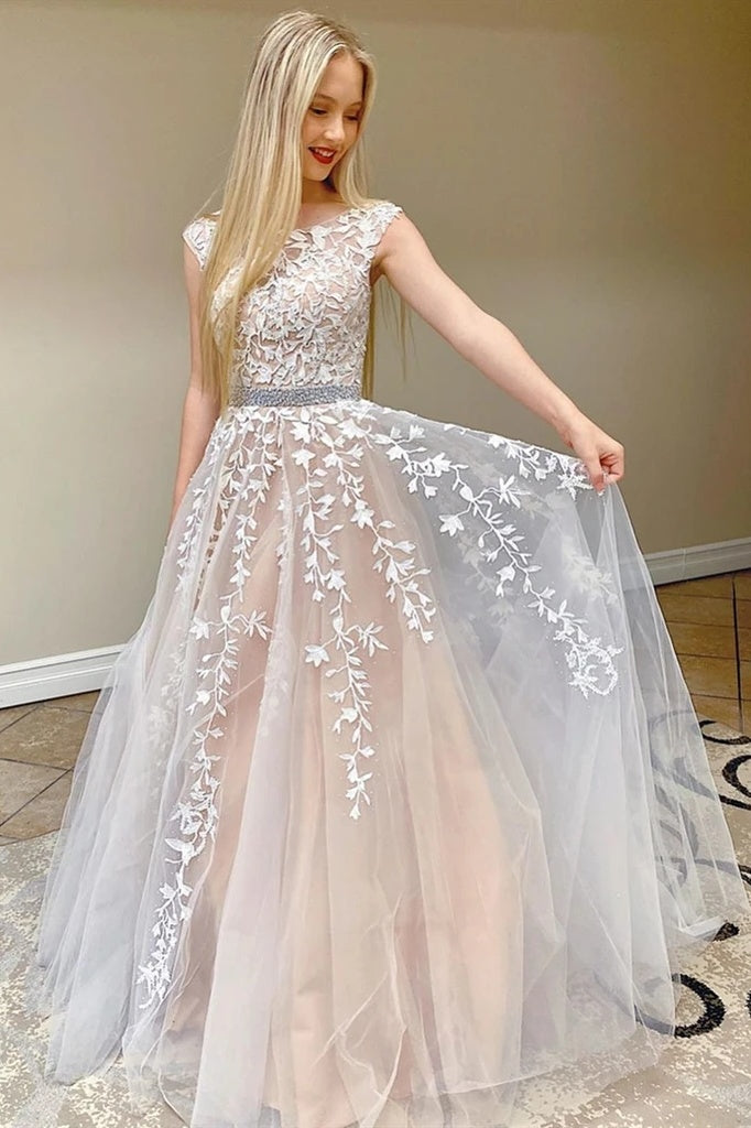 Chic Pretty Long A-line Scoop Neckline Backless Princess Prom Dress With Lace Appliques K918