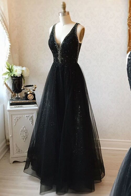 V-neck Black Floor Length Long Prom Dress Modest Party Gowns OK99