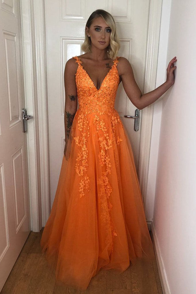 A Line V-neck Backless Lace Appliques Orange Prom Dress Formal Dress OK1307