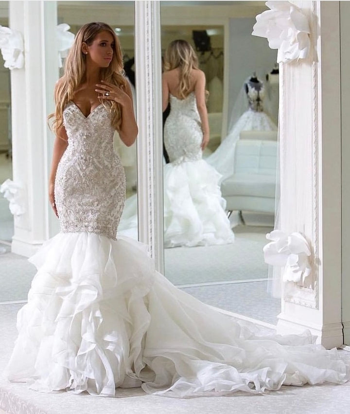 Backless Ruffled Train Mermaid Sweetheart Wedding Gown with Beaded Bodice OK1428