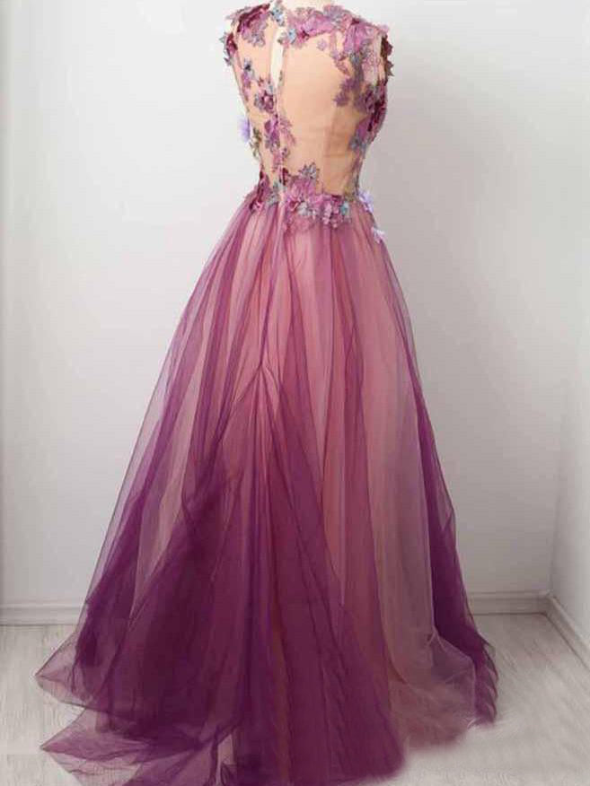 Tulle Flower A Line Prom Dress Scoop neck Appliqued Party Dress OKP15