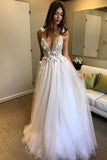 Floral Open Back Deep V-neck Straps Tulle Appliques Prom Dresses Wedding Dress OK180