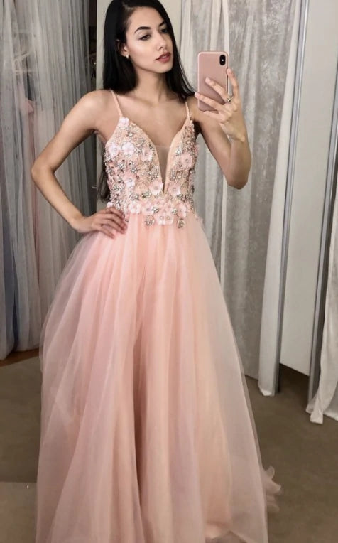 A Line Pink Long Prom Dress Spaghetti Straps Tulle Formal Dress With V Neckline OK1355