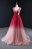 Changing Ombre A-line Tulle Long Beaded Lace Up Back Prom Dress OKV46