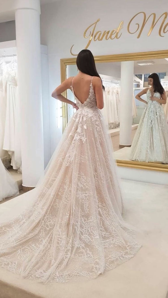A-line V Neck Tulle Long Wedding Dress With Lace Appliques OK1008