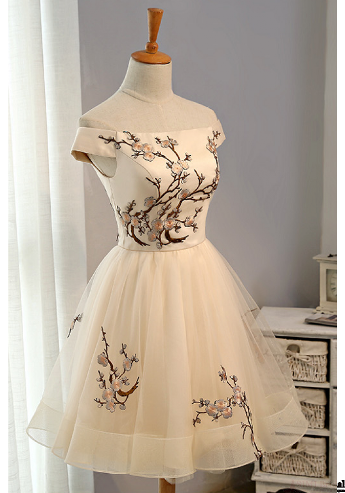 Embroidery Homecoming Dress,Tulle Short School Party Dress,A Line Prom Dress OK495