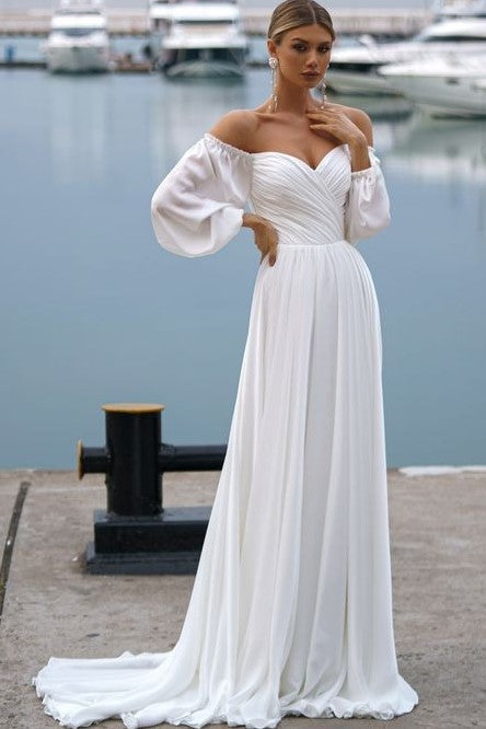 Boho A Line Chiffon Off-the-shoulder Beach Wedding Dress with Long Sleeves OK1582