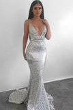 Silver Mermaid Sequined Deep V Neck Backless Prom dress OK907