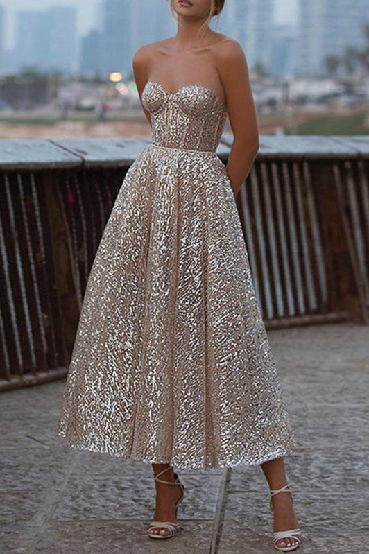 Strapless A Line Sparkly Ankle Length Prom Dress School Party Dress OK1381