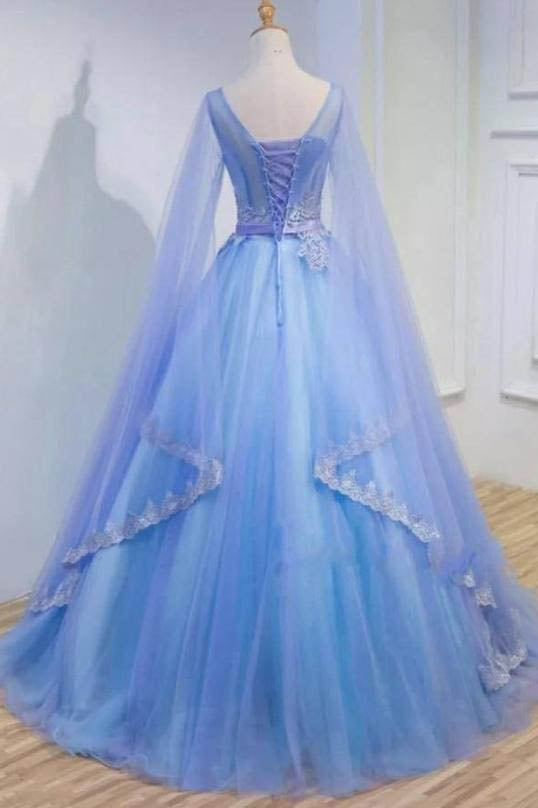 Medieval Long Sleeve Blue Appliques Ball Gown Prom Dresses Quinceanera Dresses OKU98