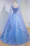 Medieval Long Sleeve Blue Appliques Ball Gown Prom Dresses Quinceanera Dresses OKU98